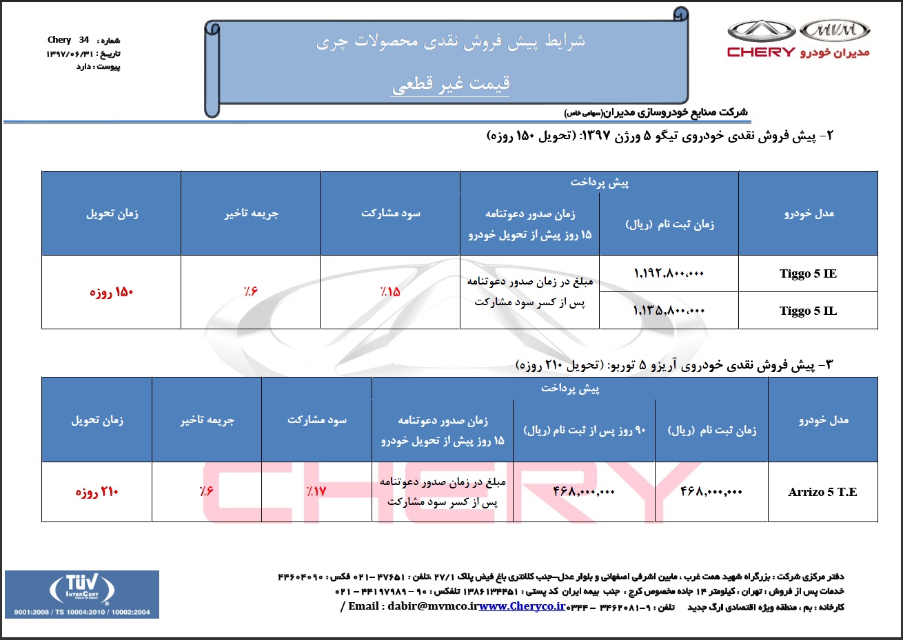 شرایط پیش فروش محصولات چری